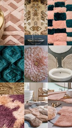 many different rugs are shown in this collage, including one with a flower