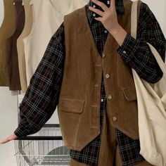 Lasaky - Vintage Plaid Long Sleeve Shirt Set with Corduroy Workwear Vest Plaid Shirt With Vest Outfit, Vintage Buttoned Vest For Winter, Vintage Workwear Vest Top, Vintage Vest Outfit, Vest Dark Academia, Vest Aesthetic, Workwear Vest, Outfit Oc, Brown Tailored Vintage Vest