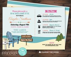 a beach wedding program is shown on a wooden table with a blue chair and sign