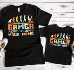 Gamer Evolution gaming t-shirt,Funny Gamer Gifts, Gamer Gifts For Him, Gamer Shirt, Video Game Shirt, Game Tee * Please review all size charts displayed in the product images. The sizing chart includes the measurements of one side of the shirt, not the circumference. * Sizing might differ 1" (+-) from brand to brand. We recommend you to size up of you're between two sizes. * We're working with different shirt brands based on the color/size availability. All shirts we use are soft style, not heav Gaming Event Crew Neck T-shirt With Letter Print, Black Gamer Top With Funny Text, Black Gamer T-shirt With Funny Text, Gamer Style Short Sleeve Tops With Funny Text, Casual Tops With Letter Print For Gaming Events, Casual Top With Letter Print For Gaming Events, Casual Letter Print Top For Gaming Events, Gamer Tops With Letter Print, Cotton T-shirt With Letter Print For Gaming Events