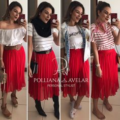 1 saia vermelha = 5 Looks  Inspirações pra você usar e muito as peças que comprou para este natal. . . . Moda versátil e consciente está na… Casual Red Pleated Skirt, Casual Red Pleated Skirt With Lining, Fall Red A-line Skirt, Edgy Red Fall Skirt, Red Punk Style Skirt, Personal Stylist, Dress Codes, Red Velvet, Casual Looks