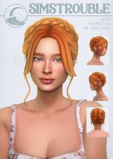 an animated image of a woman with red hair and braids on her head, wearing a bra