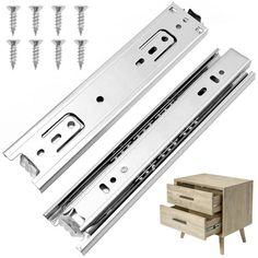 an image of drawer slides and drawers with screws on the bottom one is open