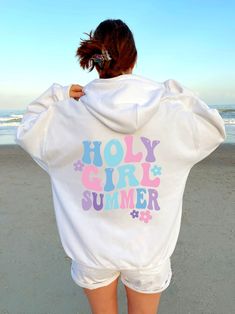 Holy Girl Summer Hoodie, Christian Hoodie, Jesus Sweatshirt, Aesthetic Hoodie, Positivity Hoodie, aesthetic sweatshirt ♡ * 10% of all our proceeds go to Matues battling poverty in Brazil * ♡ Get your 15% off coupon here! 👇 https://mailchi.mp/20ff70d4ab4d/etsy-coupon15off Here're some quick specs: .: 50% Cotton 50% Polyester .: Medium-heavy fabric (8.0 oz/yd² (271.25 g/m .: Classic fit .: Tear away label .: Runs true to size Avg. production time is 1-3 business days Avg. shipping time is 1-7 bus Trendy Preppy Outfits Summer, Beachy Girl Aesthetic Outfits, Beachy Hoodies, Holy Girl Summer, Oversized Summer Shirt, Aesthetic Hibiscus, Sunkissed Coconut, Beach Hoodies, Bag Poster