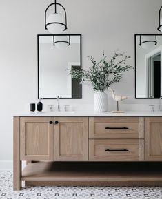 a bathroom with two sinks and mirrors on the wall, one has a plant in it