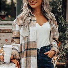 Button Up Cozy Plaid Stripe Oversized Flannel Shirt Shacket Oversized Fit Plaid Shacket Outfit Women, Plaid Shacket Outfit, Shacket Outfit Women, Shacket Outfit, Plaid Shacket, Trendy Street Style, Oversized Jacket, Long Sleeve Plaid, Plaid Print