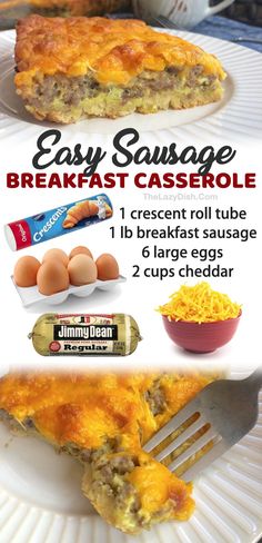 an easy sausage breakfast casserole recipe on a paper plate with eggs and cheese