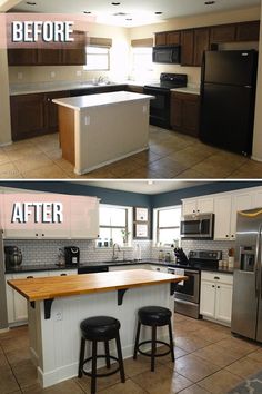 before and after pictures of a kitchen remodel with white cabinets, wood counter tops, and stainless steel appliances