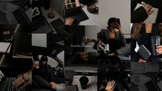 a collage of photos with women using laptops, phones and other electronic devices