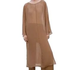 Zara Kaftan In Brown -- Limited Edition -- $129 Retail Maxi Length Wide Neckline Long Flared Sleeves 100% Translucent Silk (Semi Sheer) Side Slits, Back Button Opening Size L -- Pit To Pit 21", Shoulder To Hem 49" -- 100% Silk Brand New W/ Tag! 2/26/24-1 Elegant Viscose Tunic For Summer, Elegant Spring Viscose Kaftan, Elegant Long Tunic For Spring, Maxi Kaftan, Zara Dresses, Flared Sleeves, Pure Silk, Limited Edition, Zara