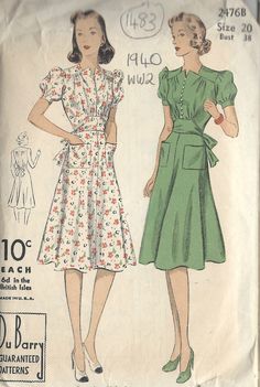 ✦ Circa:    1940 WW2 ✦ Details:  Two style variation DRESS ✦ Size/Measurements(Inches):     ~ Size:  20     ~ Bust: 38″     ~ Waist:  32″    ~ Hip:  41″ (Inches) ~ Please Note: ~ You are buying a 'Professional Reproduced' copy of this sewing pattern. Copied from the original sewing pattern. Produced in Full Scale Pattern Pieces ready to cut with full instructions included. Reproduced on high quality 50 gm paper with black ink, durable and easier for reuse. Printed by a Professional Printing Company.   ~ With this product comes an accompanying 'Booklet' and inside the Booklet it includes: ~ A 2-page Instructions and Illustrations on 'How to Adjust Your pattern to your Personal Measurement.' ~ Personal Measurement Chart ~ Body Form Illustrations ~ Fitting Checklist ~ Metric Equivalency Chart 40s Mode, 1940s Dress Pattern, Fashion 1940s, Vintage Dress Patterns, 40s Fashion, Motif Vintage, 1940s Dresses, Vogue Patterns, Couture Vintage