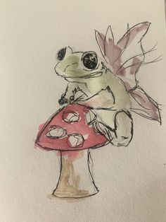 a drawing of a frog sitting on top of a mushroom