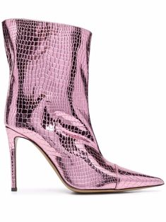 Hot pink leather crocodile-effect 105mm ankle boots from ALEXANDRE VAUTHIER featuring crocodile effect, pointed toe, slip-on style, branded insole and high heel. | Alexandre Vauthier Crocodile-Effect 105mm Ankle Boots Alexandre Vauthier Boots, Mirror Boots, Women's Mid Calf Boots, Demonia Boots, Embossed Boots, Making Shoes, Office Shoes Women, Jeweled Shoes, Green Bras