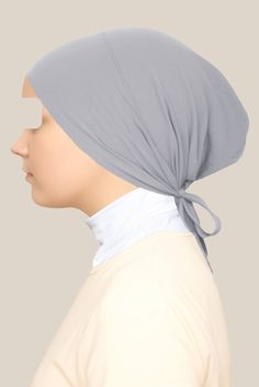 Gray Tieback Hijab Undercap by Momina Hijabs Casual Cotton Hijab, Casual Fitted Solid Color Headscarf, Casual Stretch Solid Color Hijab, Casual Stretch Hijab In Solid Color, Casual Cotton Headscarf One Size Fits Most, Hijab Style, Tie Backs, Jersey Fabric, Warm Light