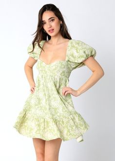 Green Floral Babydoll Dress Croc Slides, Lime Dress, Beachy Dresses, Babydoll Mini Dress, Frilly Dresses, Lime Dressing, Pretty Prom Dresses, Green Mini Dress, Grad Dresses