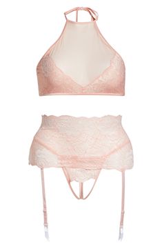 This alluring ensemble in sheer mesh and lace pairs a halter top with a high-rise garter belt and a G-string thong. Includes crop top, garter belt and thong Crop top ties at neck 80% nylon, 20% elastane Hand wash, dry flat Imported Women's Clothing Halter Crop Top, Halter Top, Ballet Skirt, Women's Clothing, High Rise, Crop Top, Hand Wash, Nordstrom, Mesh