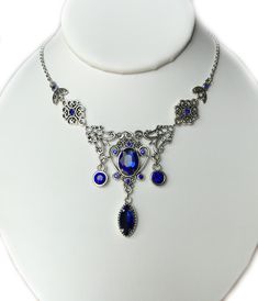 Antique Blue Necklace With Intricate Design, Victorian Blue Filigree Necklace, Ornate Blue Necklace With Intricate Design, Blue Filigree Necklace For Wedding, Ornate Blue Nickel-free Jewelry, Nickel-free Blue Necklaces For Wedding, Ornate Nickel-free Blue Jewelry, Blue Nickel-free Necklaces For Wedding, Gothic Blue Metal Jewelry