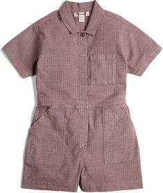 Made with a garment-dyed wash that softens both the color and fabric for a vintage look and added comfort  the women's Topo Designs Dirt romper is an easy-to-wear essential you can toss on and go. Trending Backpacks, Making Clothing, Spandex Shirts, Topo Designs, Blue Accessories, Sleeves (women), Environmental Impact, Small Batches, Rompers Women