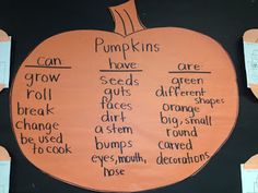 a bulletin board with pumpkins on it and words written in different ways to describe them