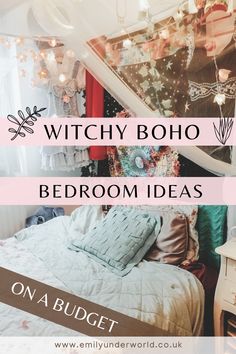 the bedroom is decorated in pink and white with text that reads witch boho bedromides