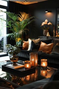 a living room with candles on the coffee table