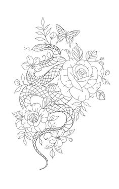 a snake and roses tattoo design on a white background