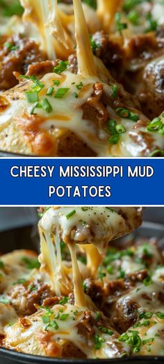 cheesy mississippi mud potatoes is being lifted from a skillet