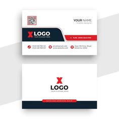 two business cards with red and black accents on the front, one is for x