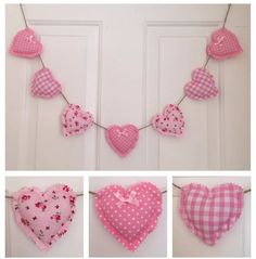 pink hearts are hanging on the wall