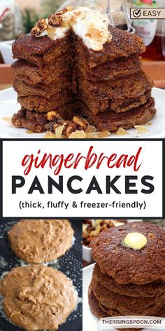 gingerbread pancakes are stacked on top of each other