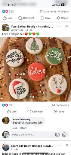 two screenshots of decorated cookies on top of a wooden tray