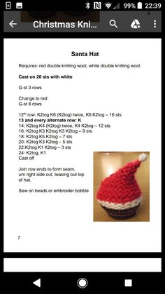 a knitted santa hat is shown on an iphone screen, with instructions for knitting