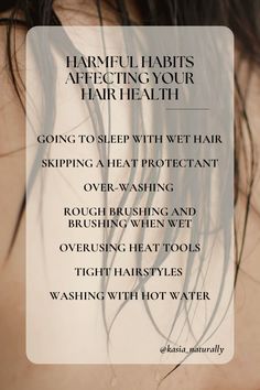 Keeping your hair healthy comes down to using the right products as well as your daily habits. 

You need to minimize breakage, split ends, and dryness while keeping a healthy scalp and providing your hair with the necessary nutrients.

Here is a list of things you might be doing that is keeping your hair from looking it’s best. 

The most important thing to remember? Your hair is most fragile when wet. Minimizing breakage and damage comes down to handling your hair gently during washing and styling. 

#healthyhairtips #healthyhaircare #haircare #hairdamage #dailyhabits #longhairgoals #healthyhair #healthyhairgrowth #healthyhairproducts #healthyhairjourney Sleeping With Wet Hair, Jonathan Van Ness, Everyday Habits, Aloe Vera Hair Mask, Skin Quiz, Hair Quiz, Healthy Hair Care, Healthy Hair Journey, Healthy Hair Tips