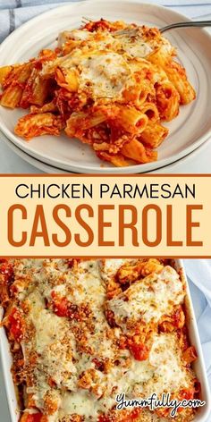 chicken parmesan casserole in a white dish with a fork on the side