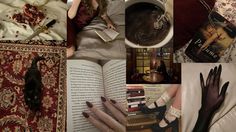 a collage of photos with different types of clothing and accessories, including an open book