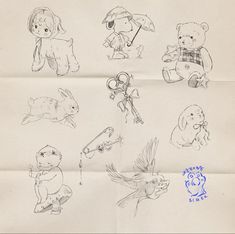 several drawings of teddy bears and other animals