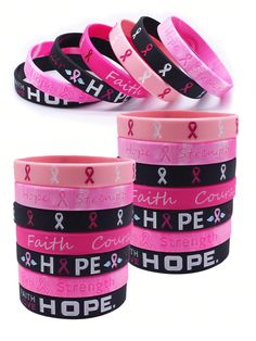 7pcs Breast Cancer Awareness Silicone Wristbands With Pink Color  Fashionable   Silicone     Women Fashion Jewelry, size features are:Bust: ,Length: ,Sleeve Length: Facial Massage Tool, Glowing Skincare, Watches Women Fashion, Color Rosa, Maternity Bag, Toiletry Bag, Arm Band, Womens Bracelets