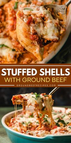 stuffed shells with ground beef in a blue casserole dish and text overlay that reads stuffed shells with ground beef