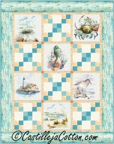 a quilt with pictures of sea animals on it