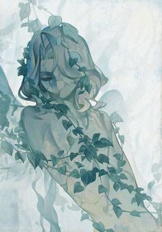 an artistic painting of a woman with leaves on her head and body, in the air