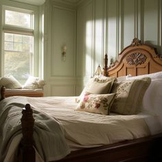 a large bed sitting in a bedroom next to a window with lots of pillows on top of it