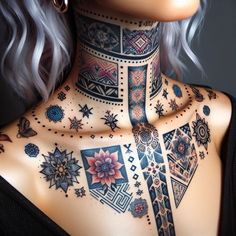 a woman with tattoos on her neck and chest