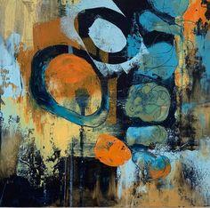 an abstract painting with blue, yellow and orange colors