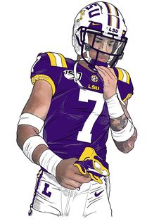 a drawing of a football player in purple and yellow uniform with his hand on his face