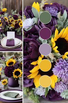 the table is set with sunflowers, purple flowers and greenery on it