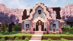 Sakura Builds Minecraft, Minecraft Sakura House Interior, Cute Mc Houses Pink, Cherry Blossom Mc House, Cherry Blossom House Minecraft 1.20, Case Minecraft, Minecraft Skins Aesthetic, Minecraft Houses Blueprints