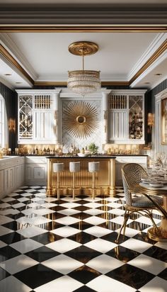 Black and white + Glitz and glamour + statement chandelier + starburst central + mirrored mayhem Luxe Life Aesthetic, Hollywood Regency Kitchen, Regency Kitchen, Golden Aesthetics, Vintage Maximalism, Hollywood Regency Interior, Glam Interior Design, Glamorous Kitchen