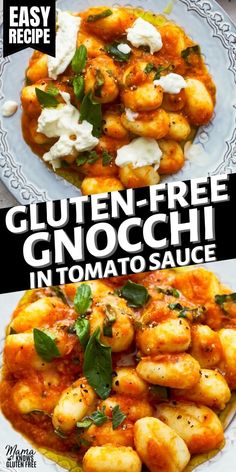 gnocchi in tomato sauce with shrimp and cheese on the top, and an image of