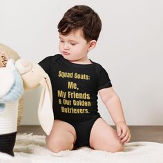 Cute Christmas Quote Baby short sleeve one piece – Squad goal: Me, my friends - Golden Retriever Lover Baby short sleeve Cowboy Song, Baby Smiles, Baby Weight, Squad Goals, Baby Shorts, Columbia Blue