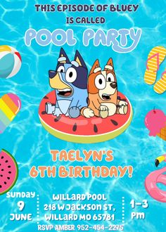 #BlueyBirthdayInvitation #PoolPartyInvite #BlueyAndBingo #KidsPoolParty #CustomizableInvitation #PrintableInvite #BlueyParty #SummerBirthday #FunBirthdayInvite #SplashParty #KidsBirthdayParty #BirthdayPartyIdeas #PartyPlanning #DigitalInvitation #BlueyFans #BirthdayCelebration Make a splash with our Bluey Pool Birthday Invitation! Featuring Bluey and Bingo, this fun and vibrant invite is perfect for a kids' pool party celebration. Customizable and printable, it allows you to easily add your party details for a personalized touch. Kid Friendly Party, Pool Party Invitations